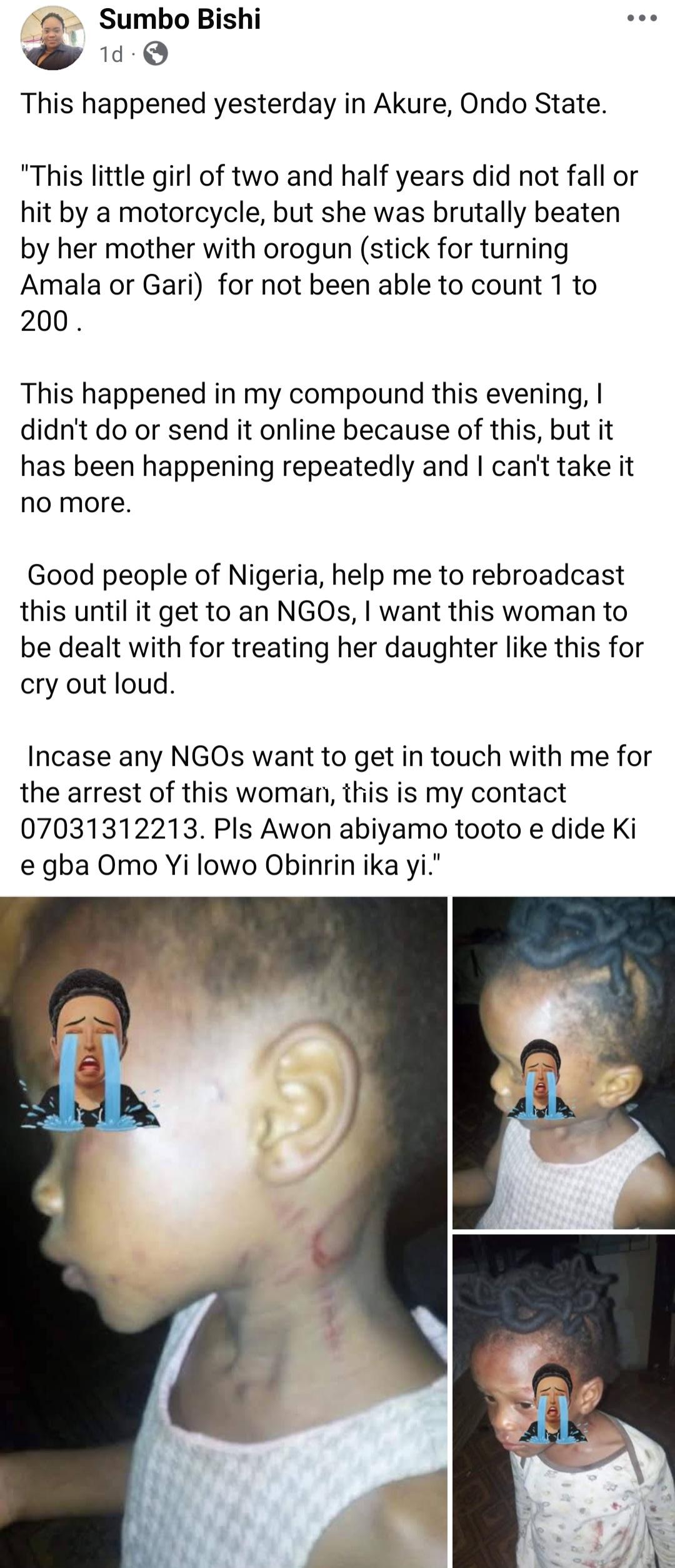 Mother allegedly beat her 2 year old brutally for not knowing how to count 1 200 in ondo state photos