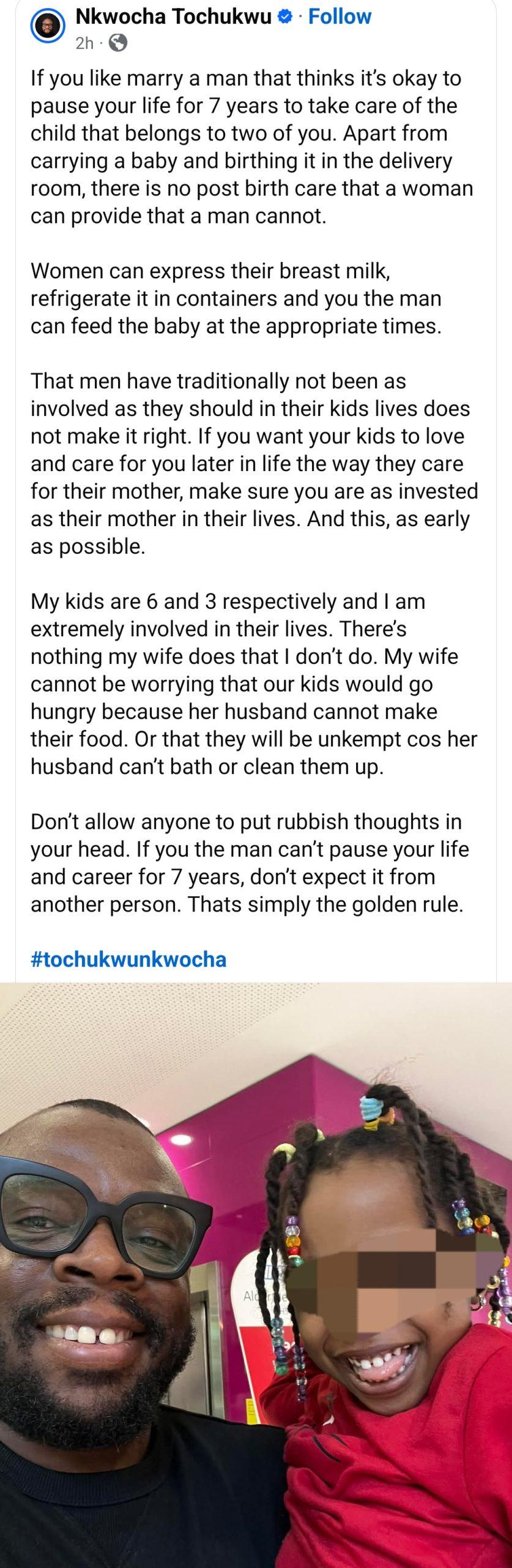Nigerian father warns women against marrying a man who expects them to pause their careers and take care of the home alone